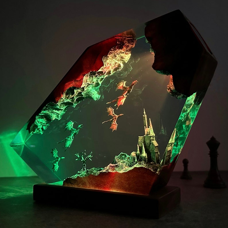 Dragonflight Over the Ancient Castle – Epoxy Night Lamp