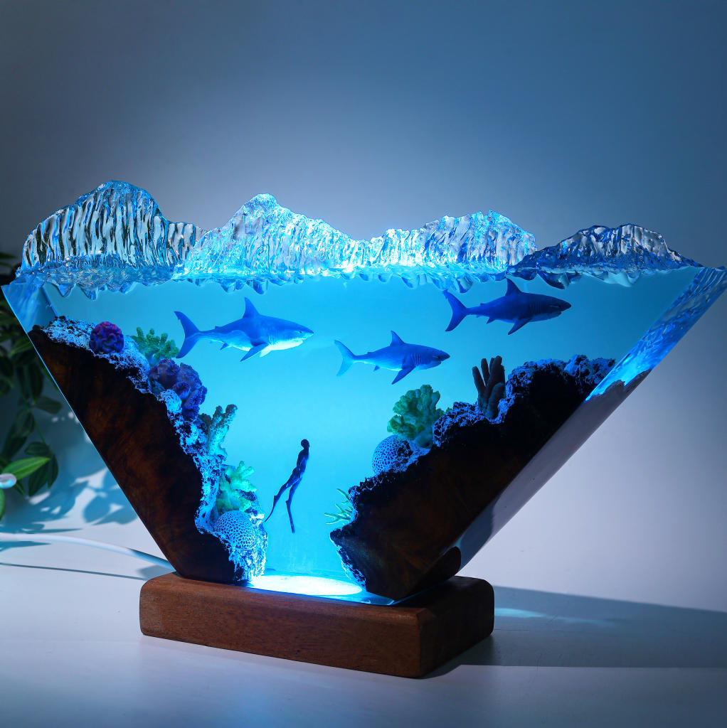 Inverted Triangle White Shark & Diver Epoxy Lamp