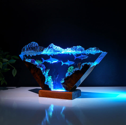 Inverted Triangle White Shark & Diver Epoxy Lamp