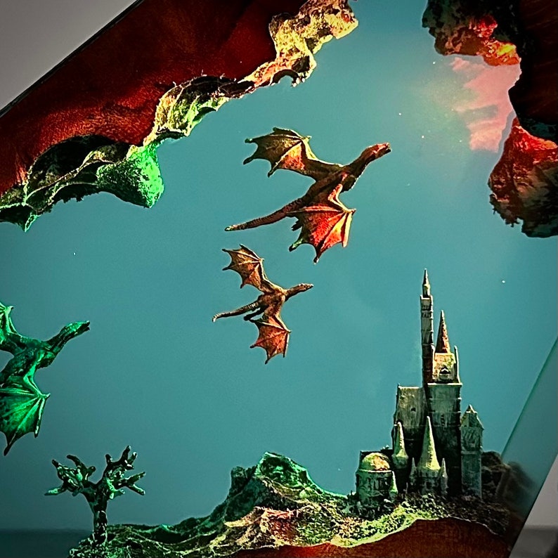 Dragonflight Over the Ancient Castle – Epoxy Night Lamp