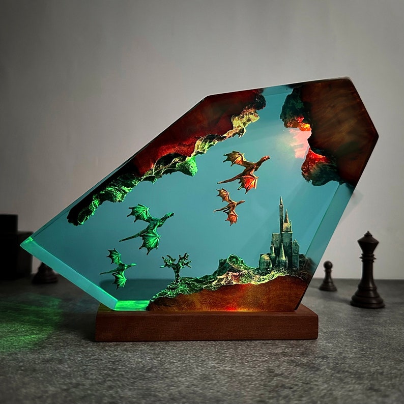 Dragonflight Over the Ancient Castle – Epoxy Night Lamp