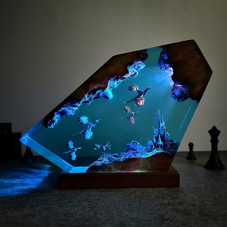 Dragonflight Over the Ancient Castle – Epoxy Night Lamp